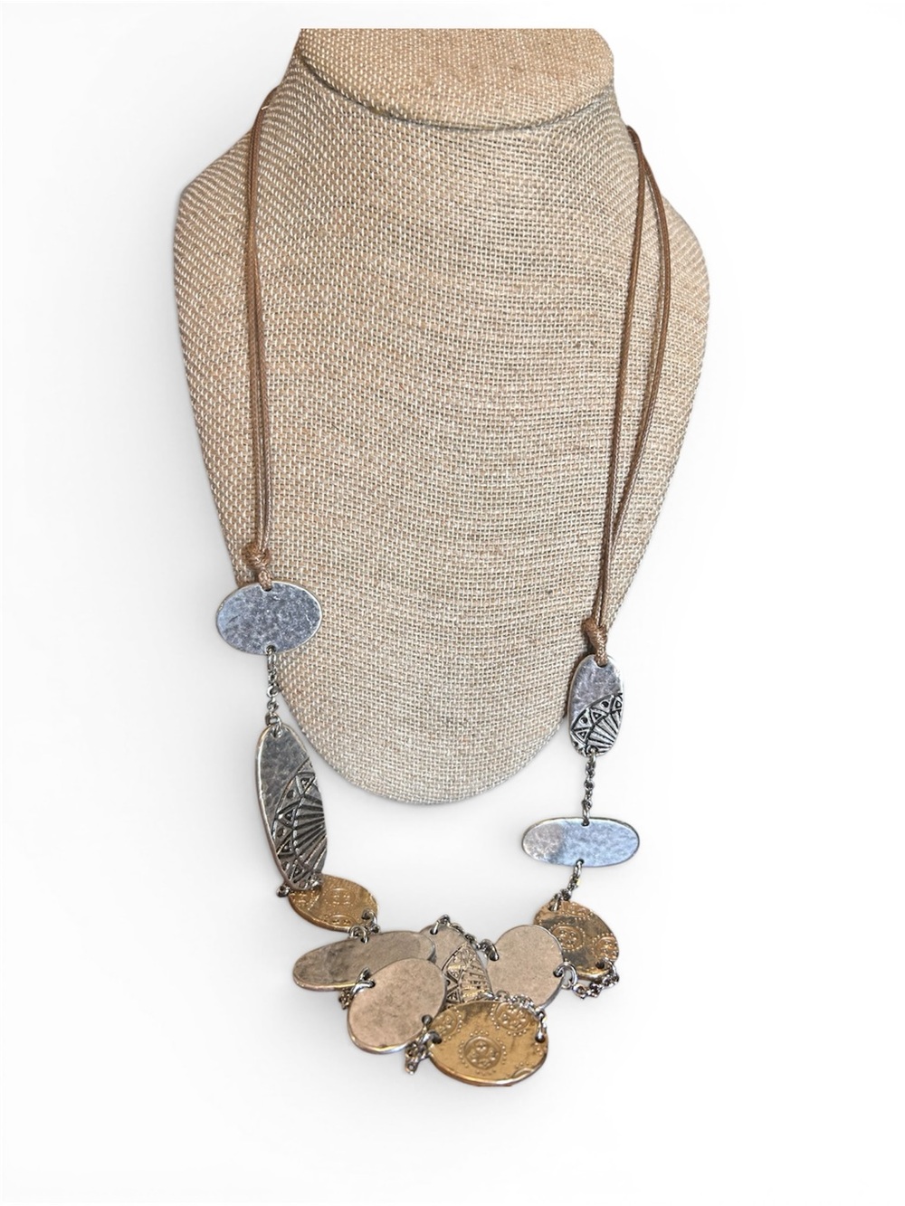 Chico’s Hammered Mixed-Metal Oval Pendant Necklace in Silver and Gold